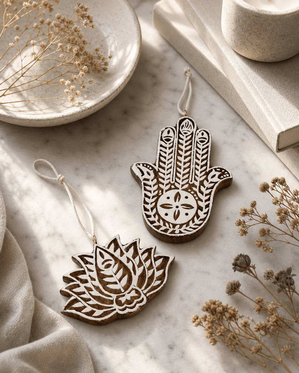 Hand - Carved Mango Wood Hamsa & Lotus Ornaments – Set of 2 - Posters, Prints, & Visual Artwork