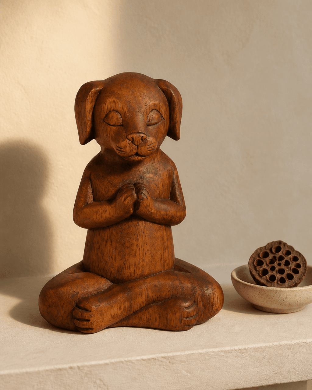 Hand Carved Meditating Namaste Dog Statue - Sculptures & Statues