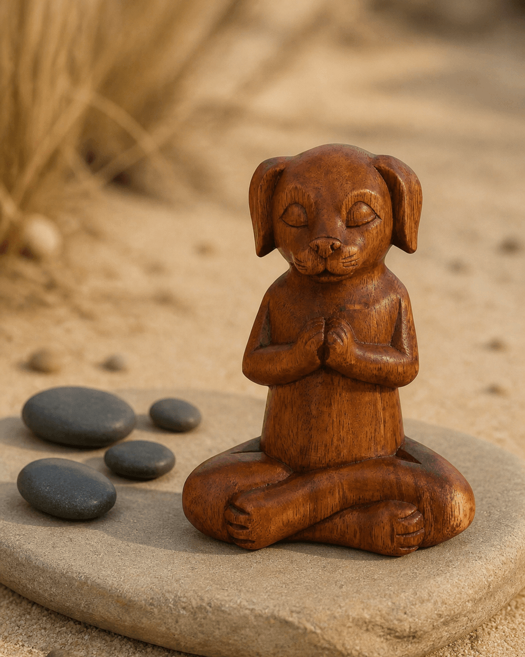 Hand Carved Meditating Namaste Dog Statue - Sculptures & Statues