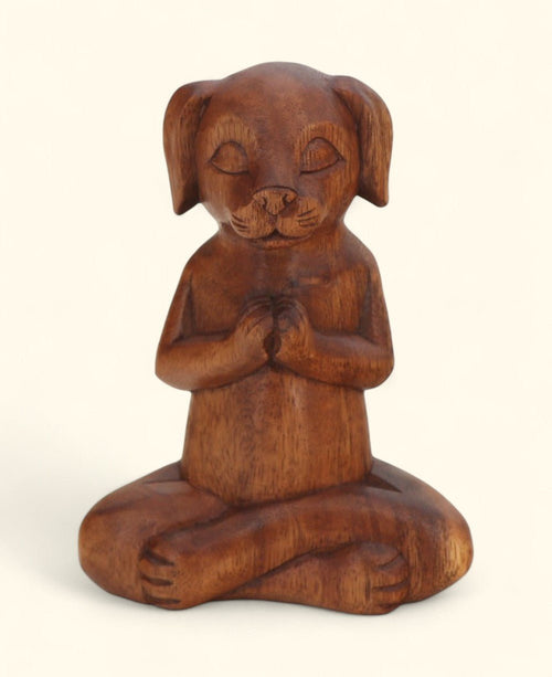 Hand Carved Meditating Namaste Dog Statue - Sculptures & Statues