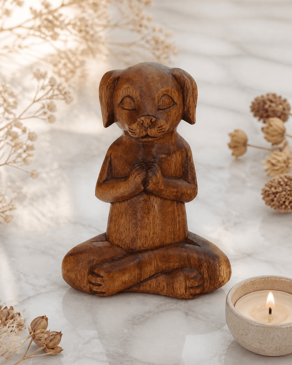 Hand Carved Meditating Namaste Dog Statue - Sculptures & Statues