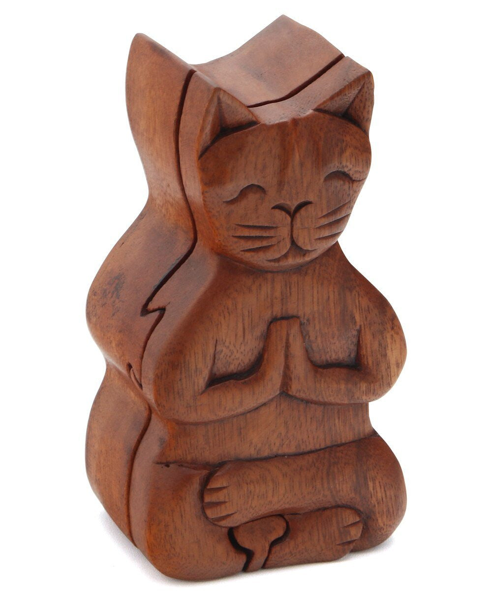 Hand Carved Namaste Cat Puzzle Box - New