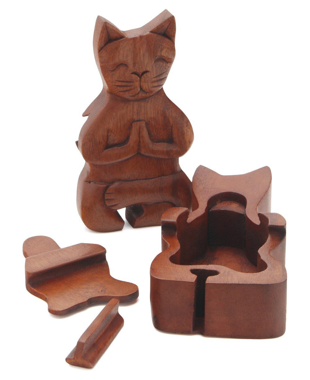 Hand Carved Namaste Cat Puzzle Box - New