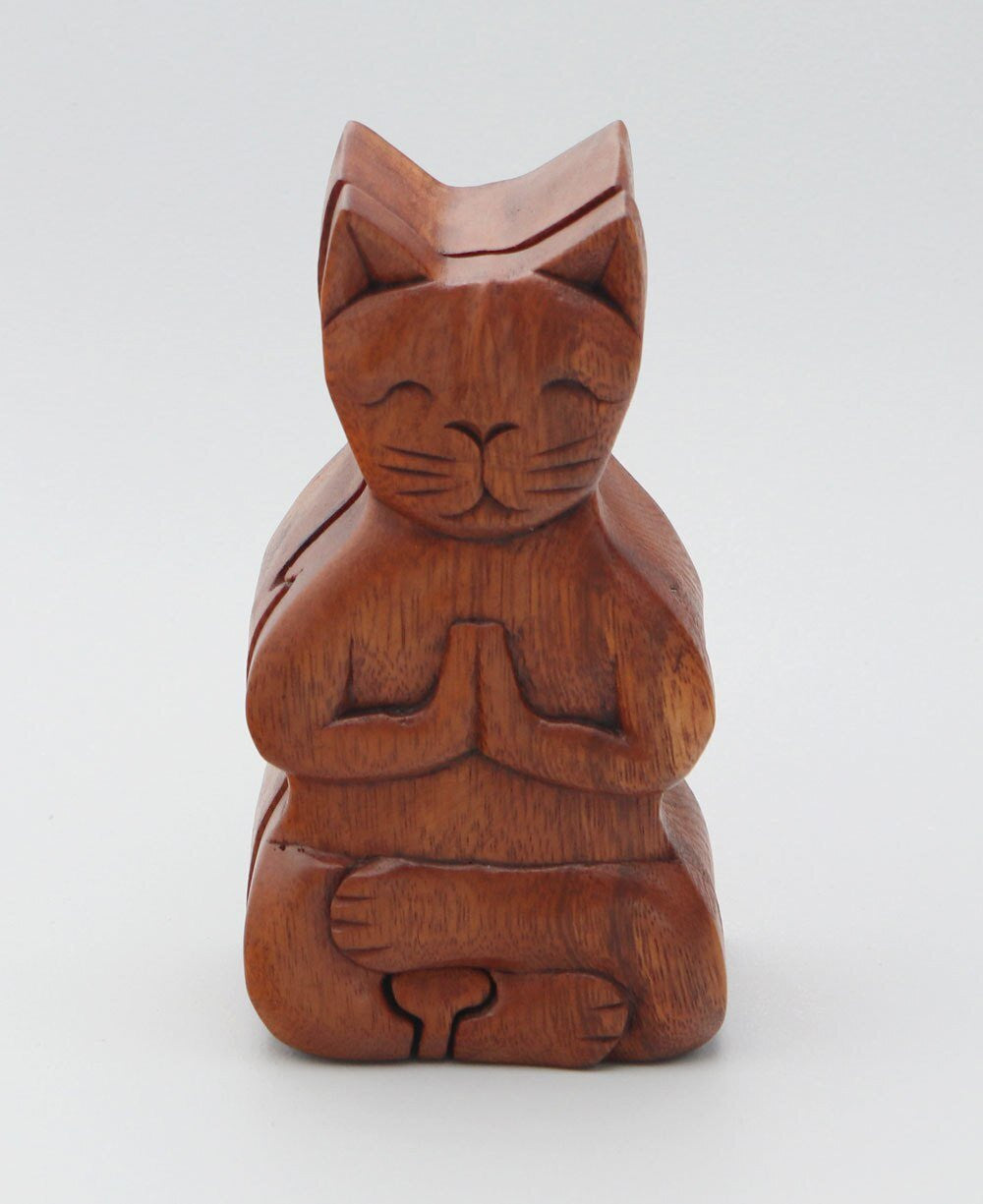 Hand Carved Namaste Cat Puzzle Box - New
