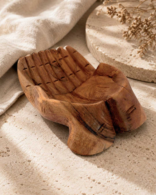 Hand-Carved Wooden Offering Hands Bowl — Balinese Cupped Palms Display Dish - Home Decor
