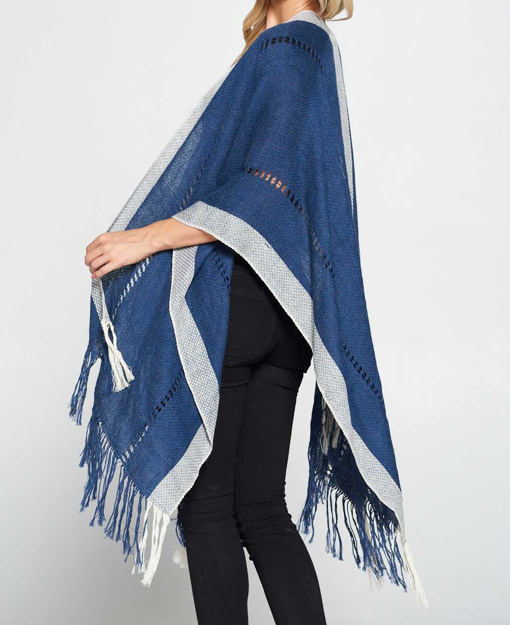Hand Knit Alpaca Wool Poncho Wrap, Washed Blue -