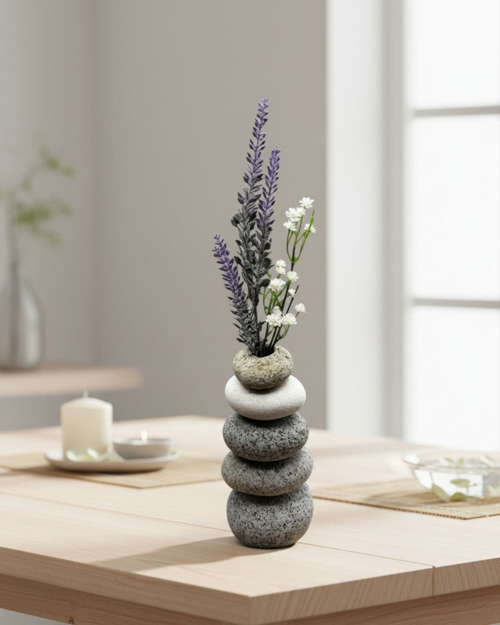 Handcrafted Cairn Vase with Stacked Beach Stones — 7 Inch Natural Stone Bud Vase - Home Decor