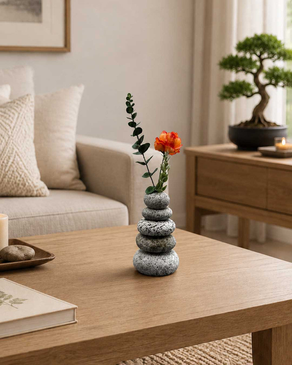 Handcrafted Cairn Vase with Stacked Beach Stones — 7 Inch Natural Stone Bud Vase - Home Decor