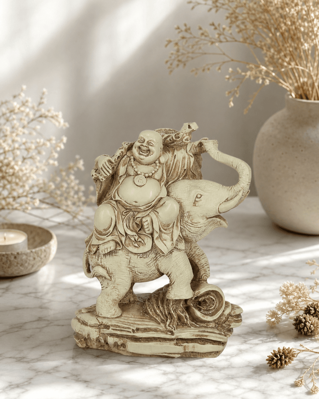 Happy Buddha and Elephant Statue - Sculptures & Statues