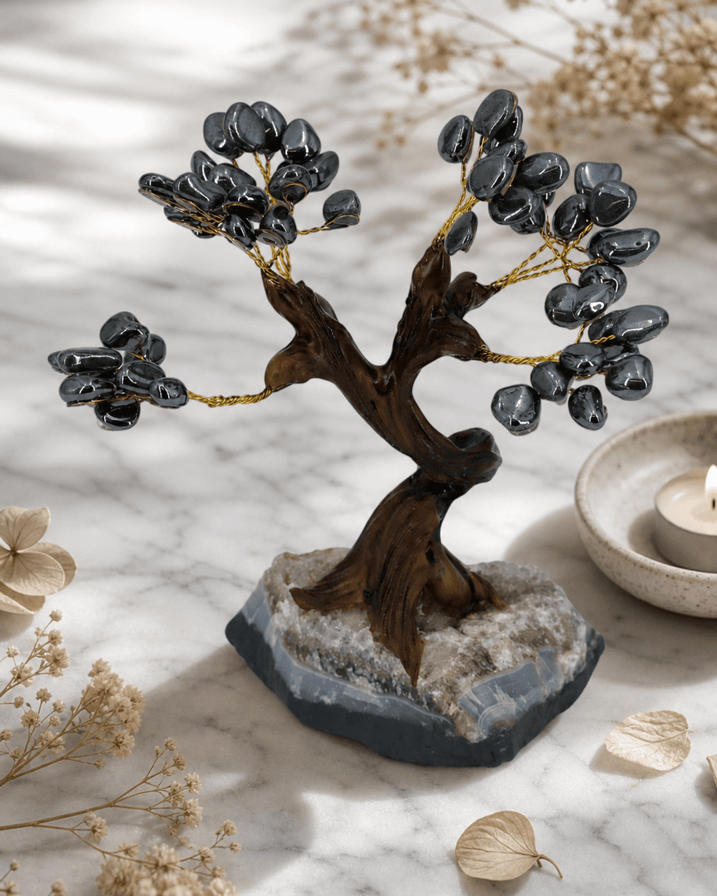 Hematite Gemstone Bonsai Tree – Grounding & Protective Energy - Accents
