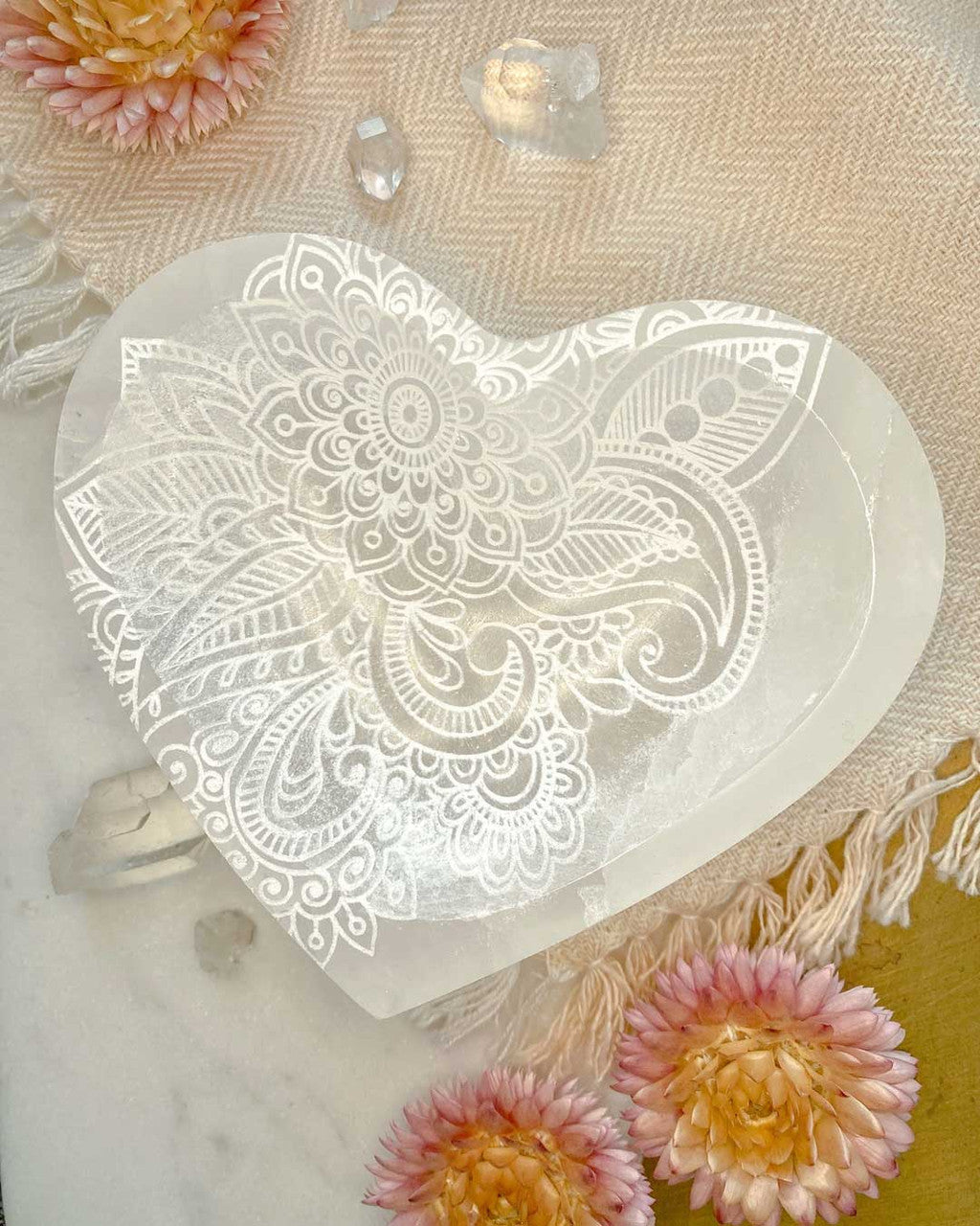 Henna Heart Selenite Dish – Hand - Carved Crystal Jewelry Bowl - Bowls
