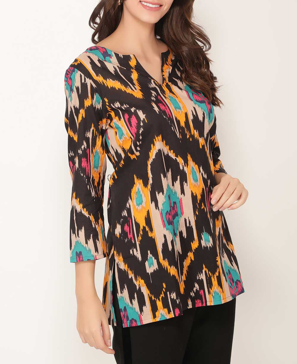 Ikat Inspired Printed Cotton Tunic Top - Apparel S