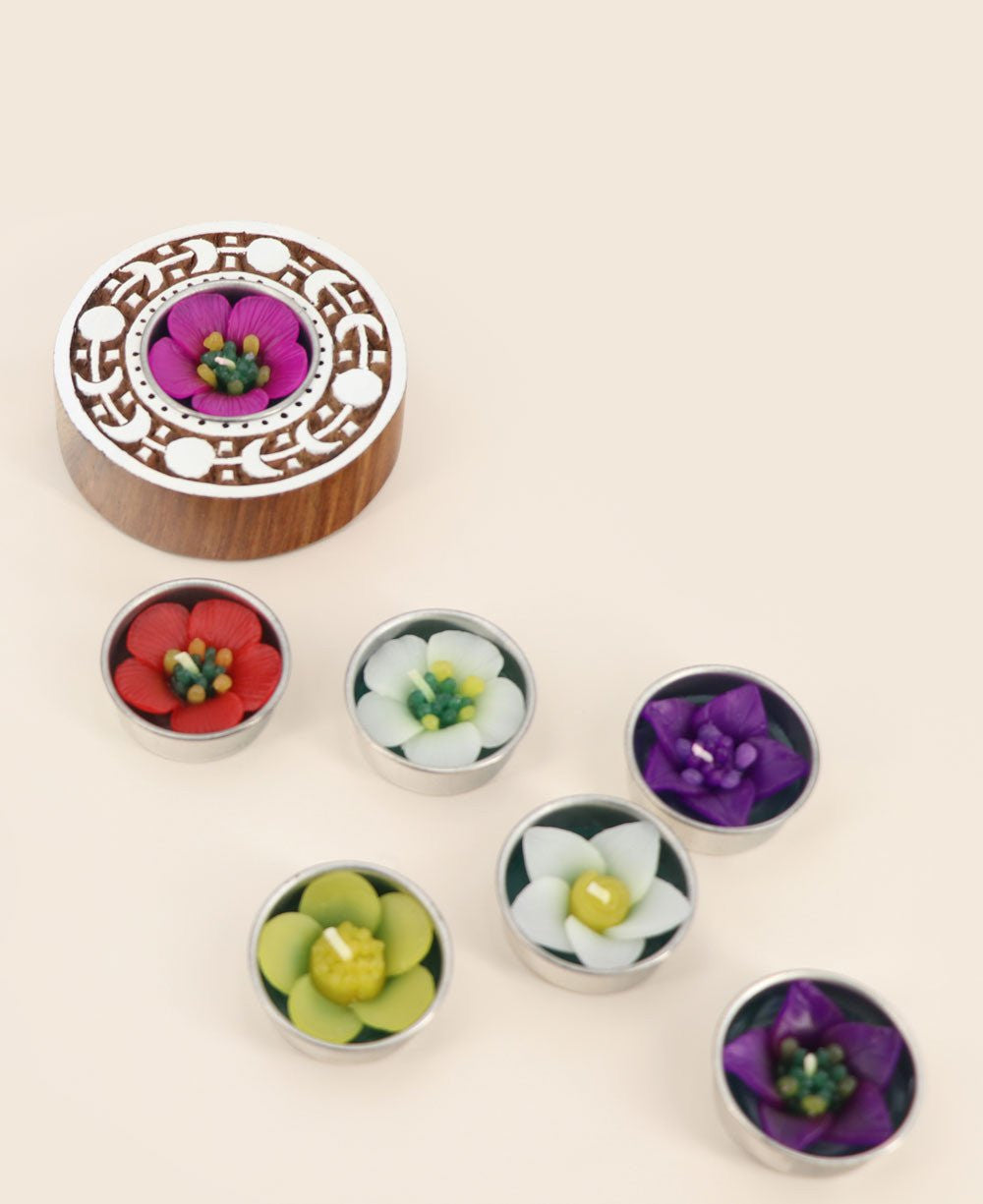 Indian Rosewood Moon Phase Tea-light Holder with Floral Tea-lights - Candle Holders