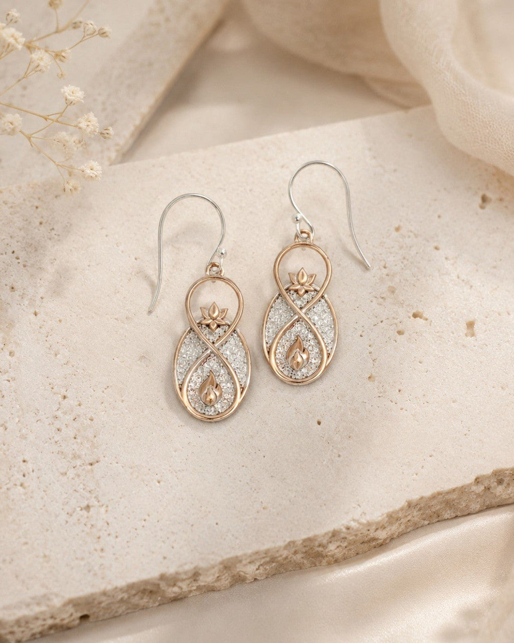 Infinite Lotus Earrings — Silver Plated Bronze Drop Earrings with Flame Motif - Earrings