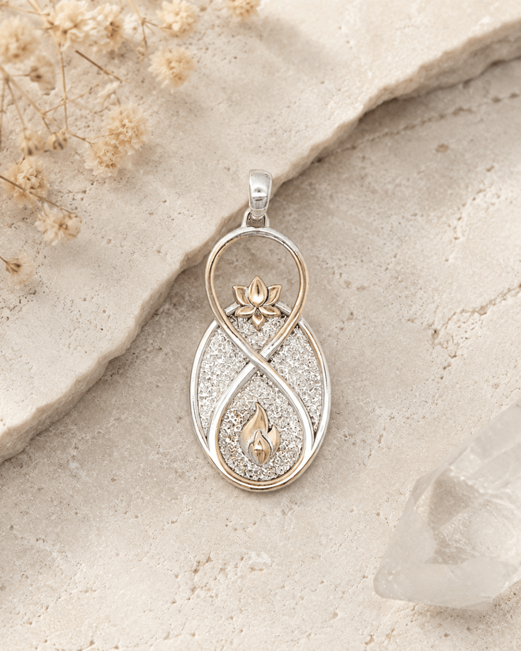 Infinite Lotus & Flame Pendant — Handmade Silver - Tone Charm - Pendant