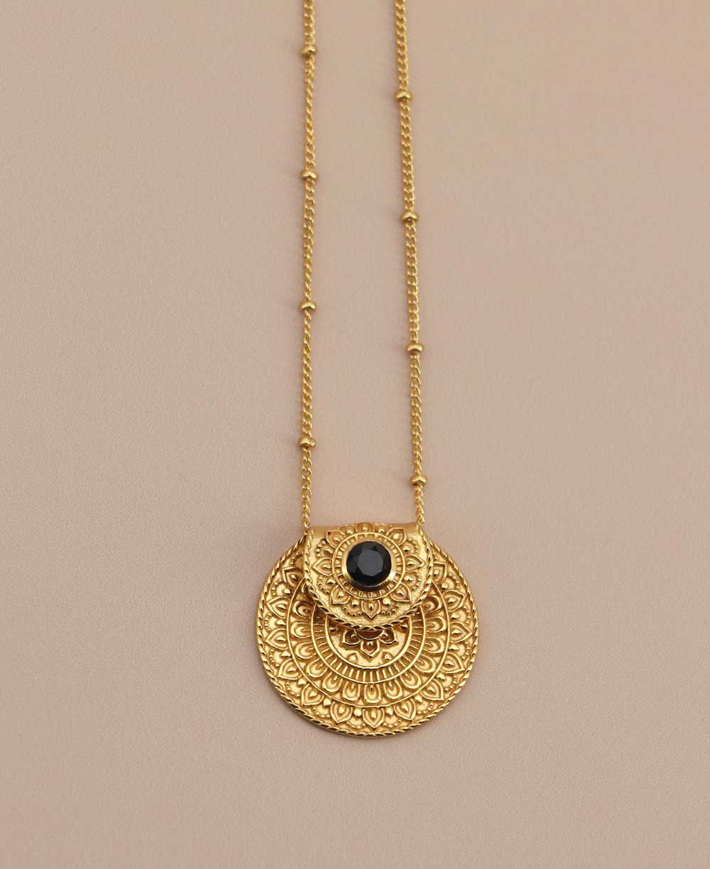 Inspirational Gold Plated Mandala Necklace with Black Onyx Stone - Necklaces