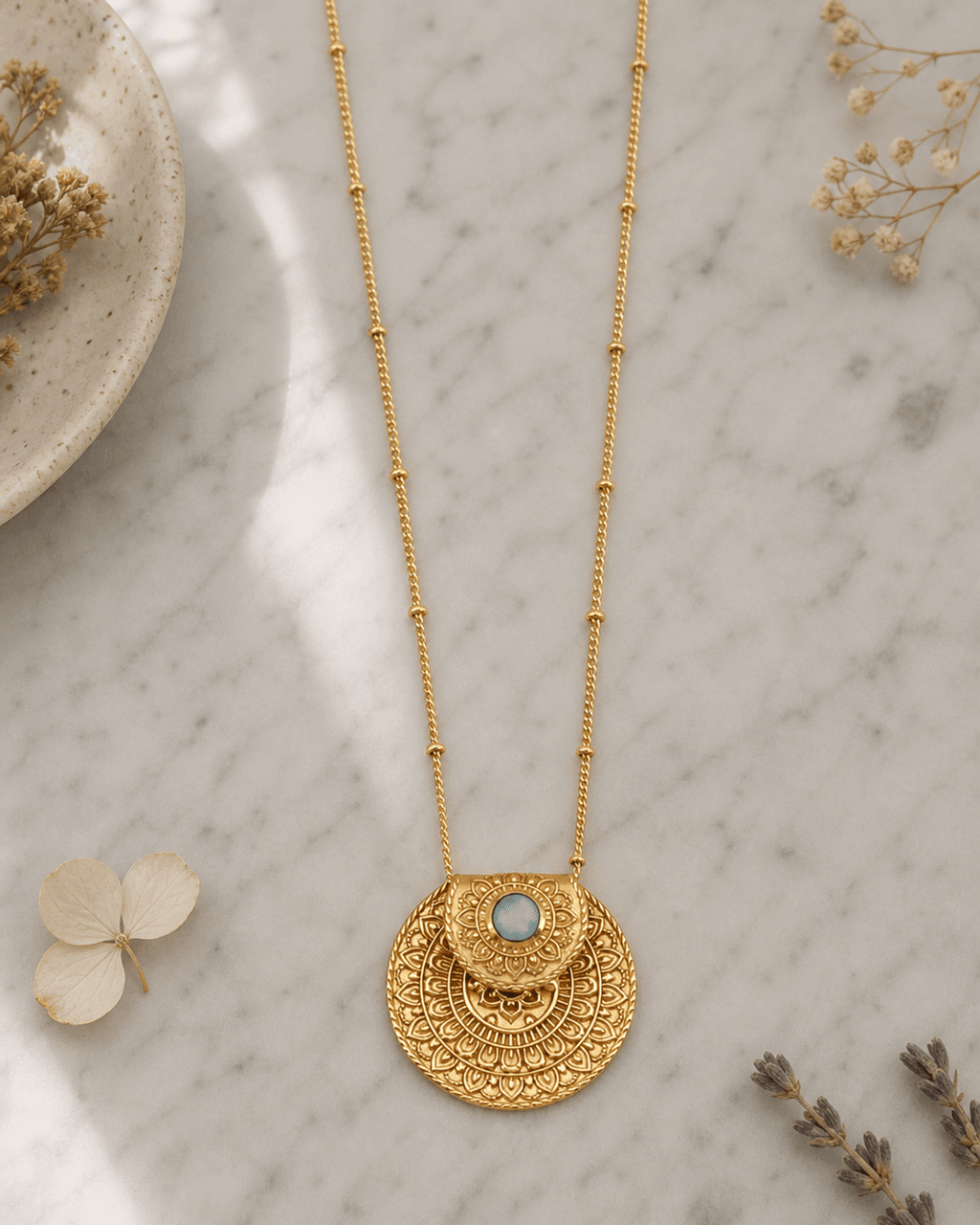 Inspirational Gold Plated Mandala Necklace with Larimar Stone - Necklaces