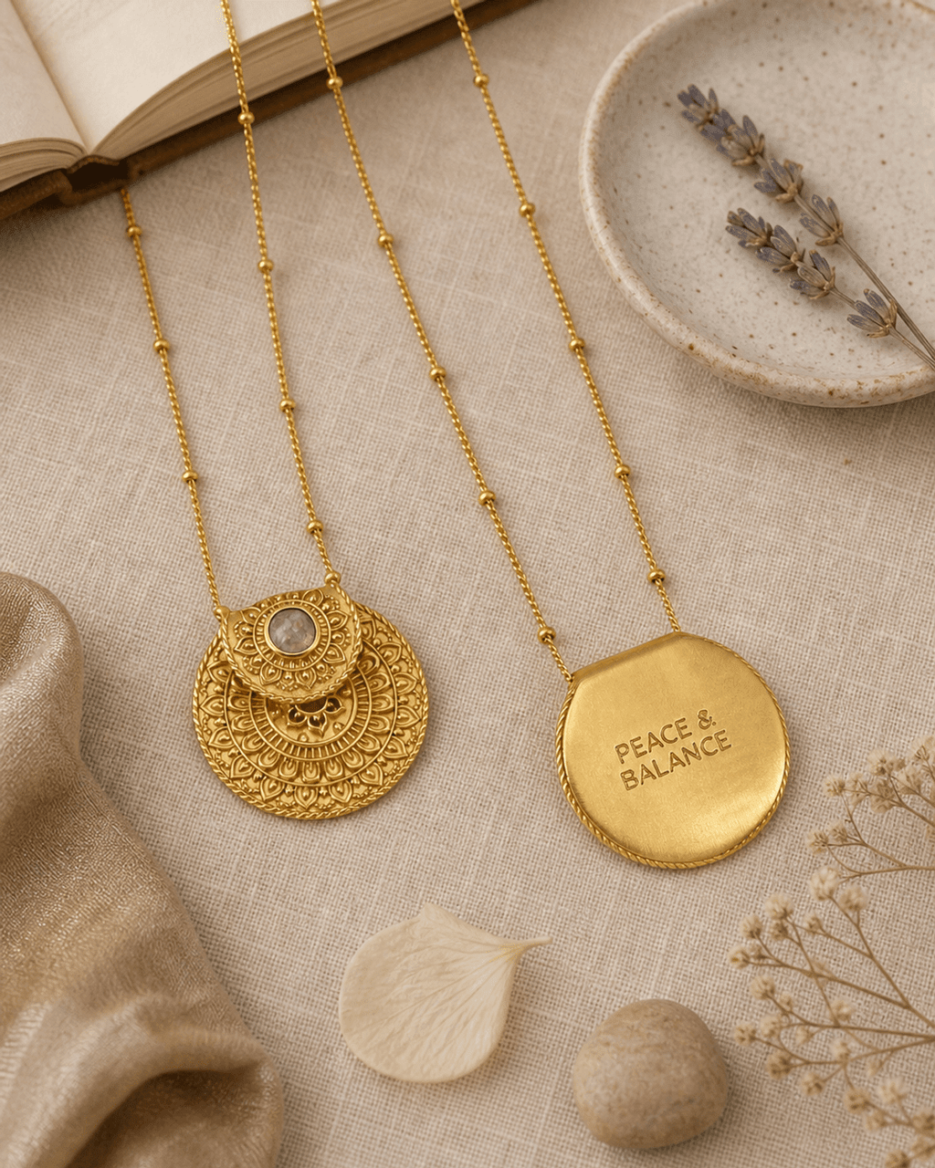 Inspirational Gold Plated Mandala Necklace with Rainbow Moonstone - Necklaces