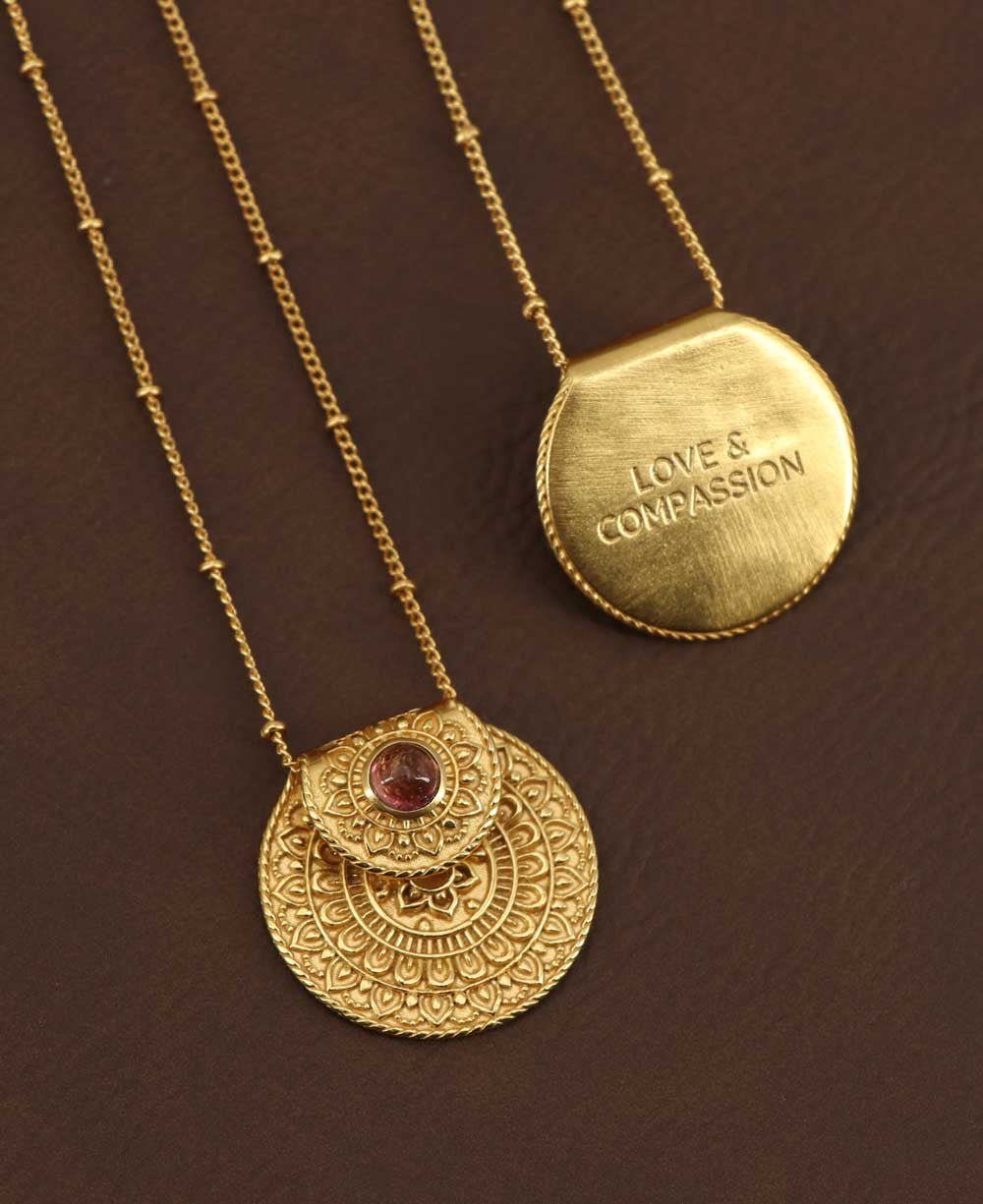 Inspirational Gold Plated Mandala Necklace with Tourmaline Stone - Necklaces