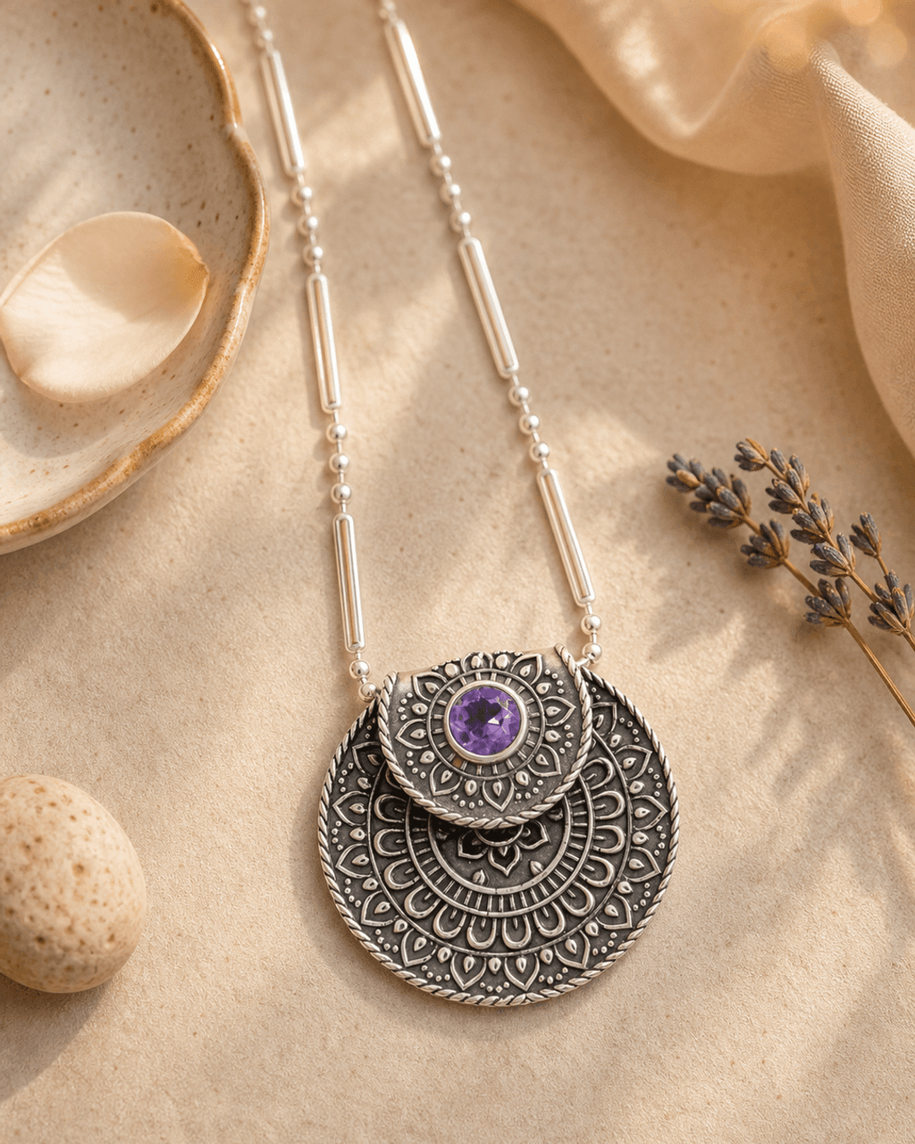 Inspirational Sterling Silver Mandala Necklace with Amethyst - Necklaces 16"+2"