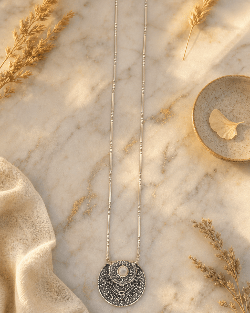 Inspirational Sterling Silver Mandala Necklace with Moonstone - Necklaces 16"+2"