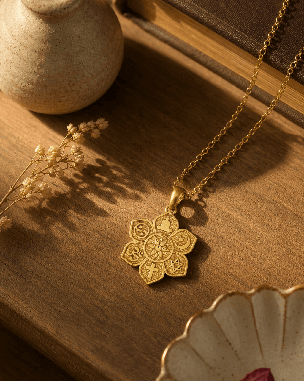 Interfaith Unity Lotus Necklace – 18K Gold Plated “Together as One” Pendant - Charms & Pendants