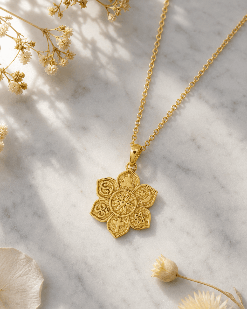 Interfaith Unity Lotus Necklace – 18K Gold Plated “Together as One” Pendant - Charms & Pendants