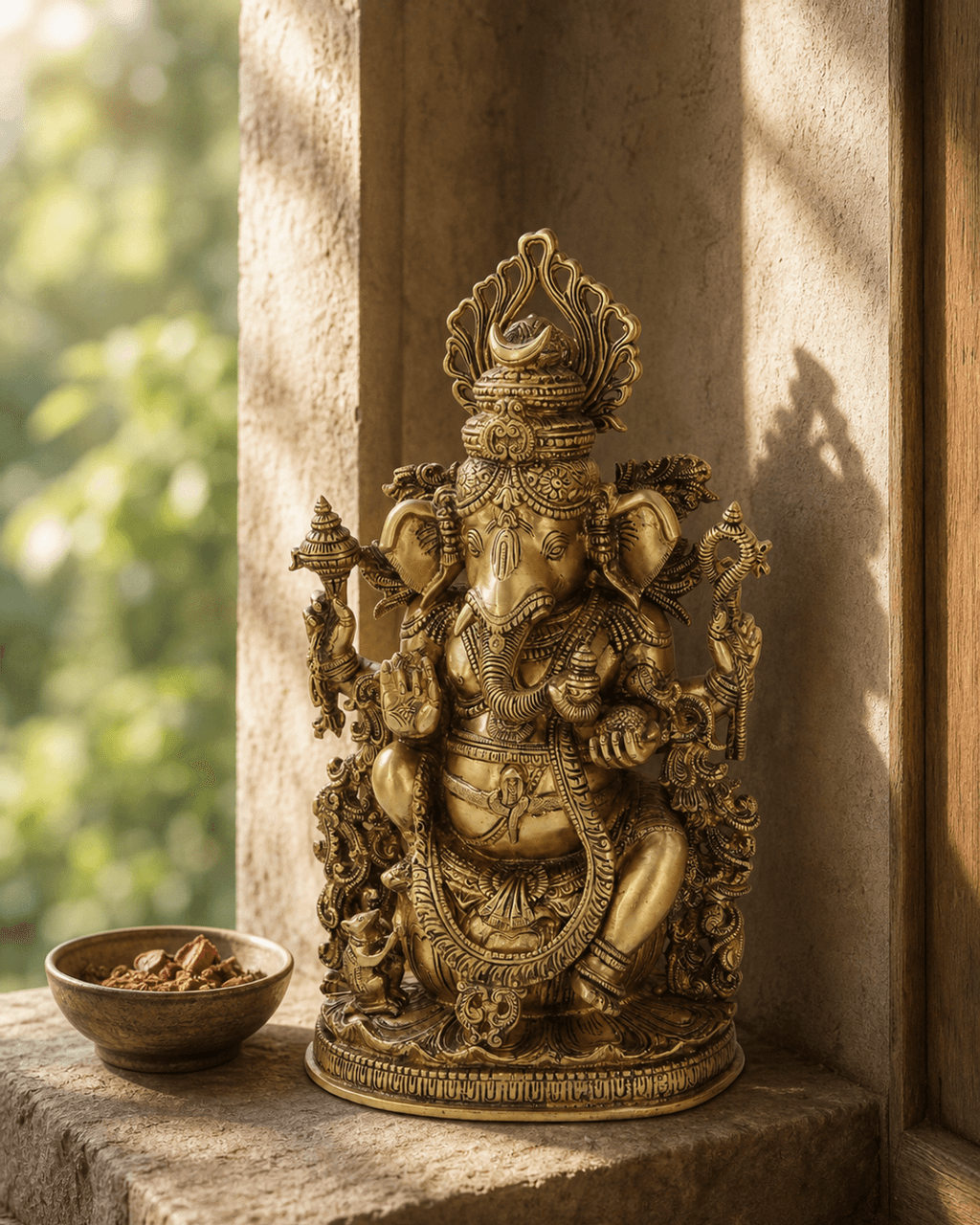 Intricate Brass Ganesh Statue, 14.5 Inches High - Sculptures & Statues