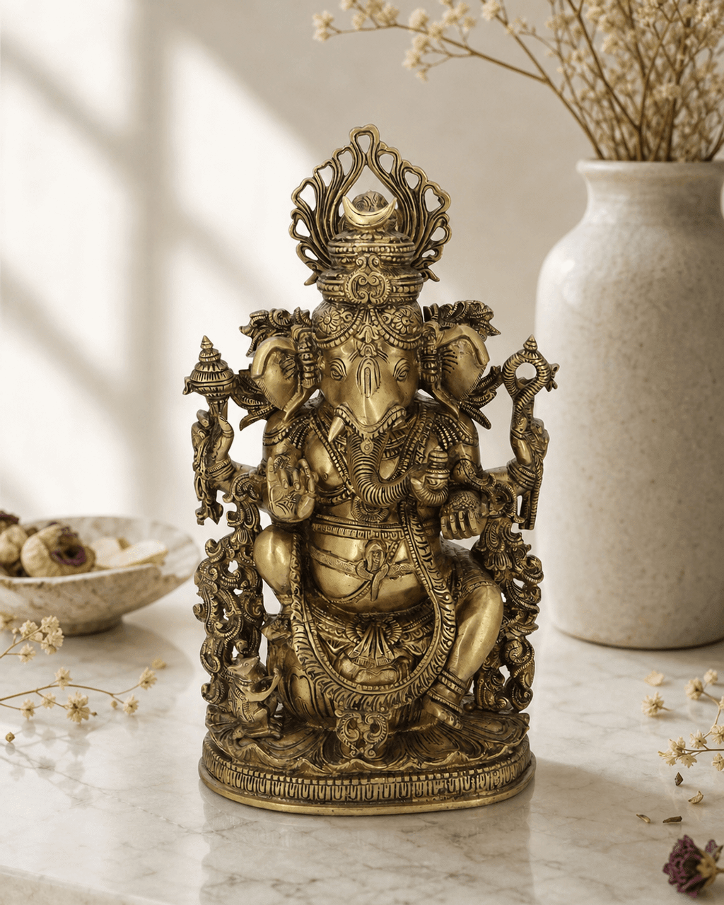 Intricate Brass Ganesh Statue, 14.5 Inches High - Sculptures & Statues