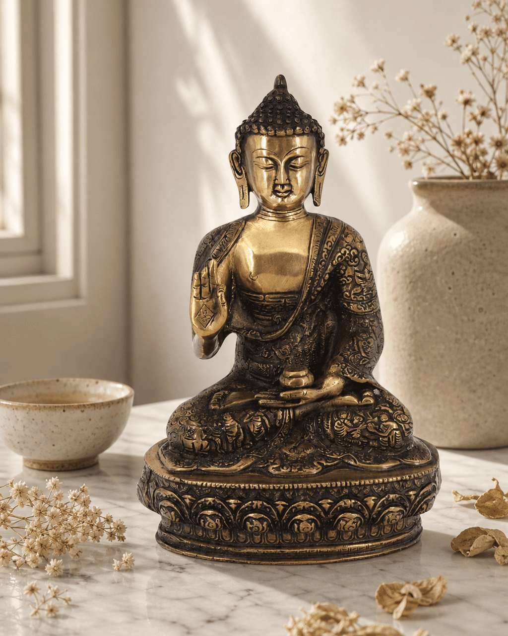 Intricate Life of Buddha Brass Statue, 12 Inches High - Sculptures & Statues