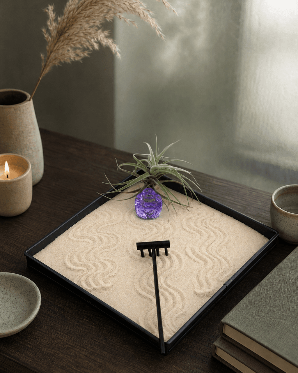 Joy & Abundance Zen Garden – Mini Tray with Purple Buddha and Live Air Plant - Home & Garden
