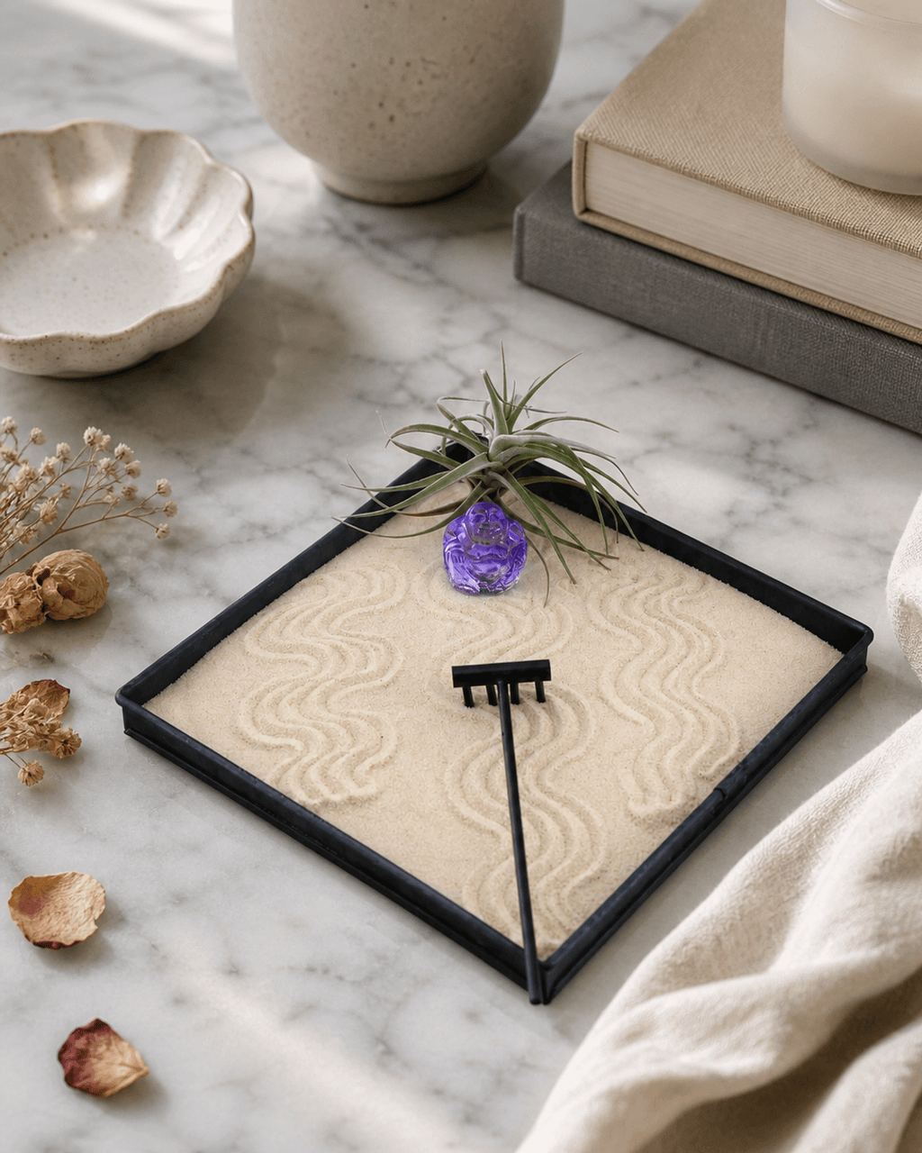 Joy & Abundance Zen Garden – Mini Tray with Purple Buddha and Live Air Plant - Home & Garden