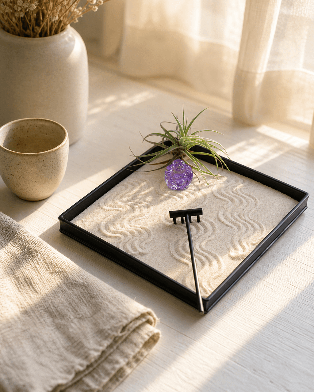 Joy & Abundance Zen Garden – Mini Tray with Purple Buddha and Live Air Plant - Home & Garden
