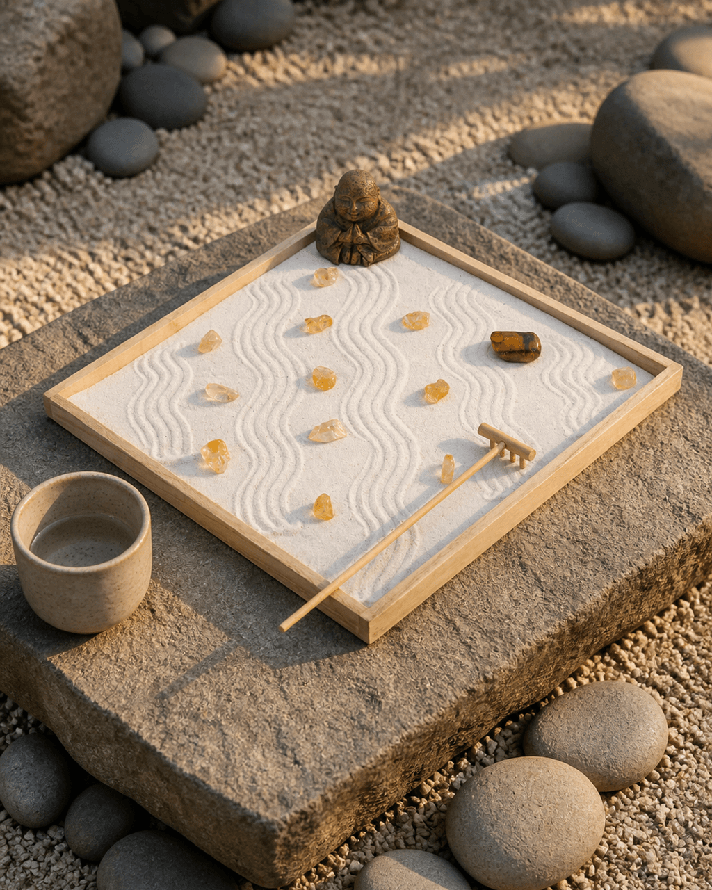 Joy & Luck Zen Garden – Buddha Statue with Citrine, Tiger’s Eye, White Sand & Rake - Home & Garden