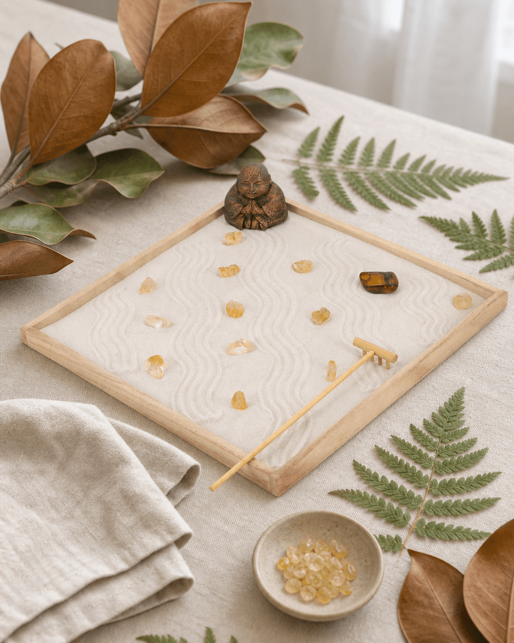 Joy & Luck Zen Garden – Buddha Statue with Citrine, Tiger’s Eye, White Sand & Rake - Home & Garden