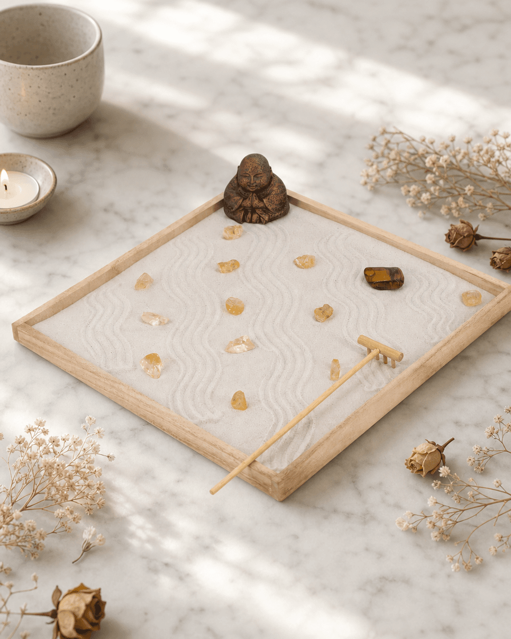 Joy & Luck Zen Garden – Buddha Statue with Citrine, Tiger’s Eye, White Sand & Rake - Home & Garden