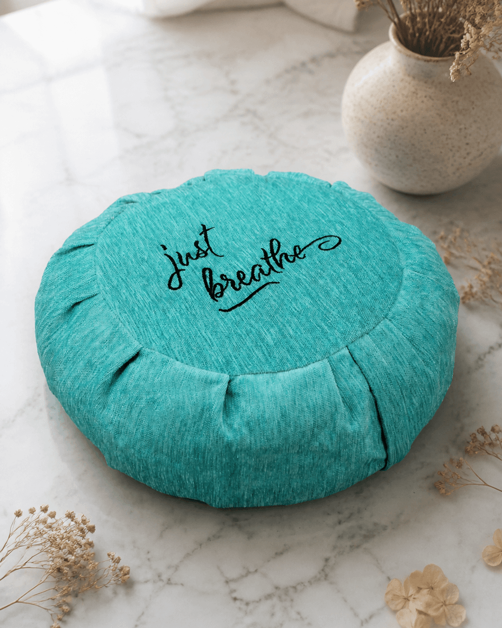 Just Breathe Turquoise Chenille Meditation Zafu Cushion, Buckwheat Insert - Massage Cushions