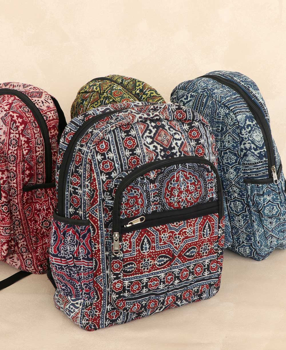 Kantha Stitch Block Print Inspired Compact Backpack - Handbags Blue