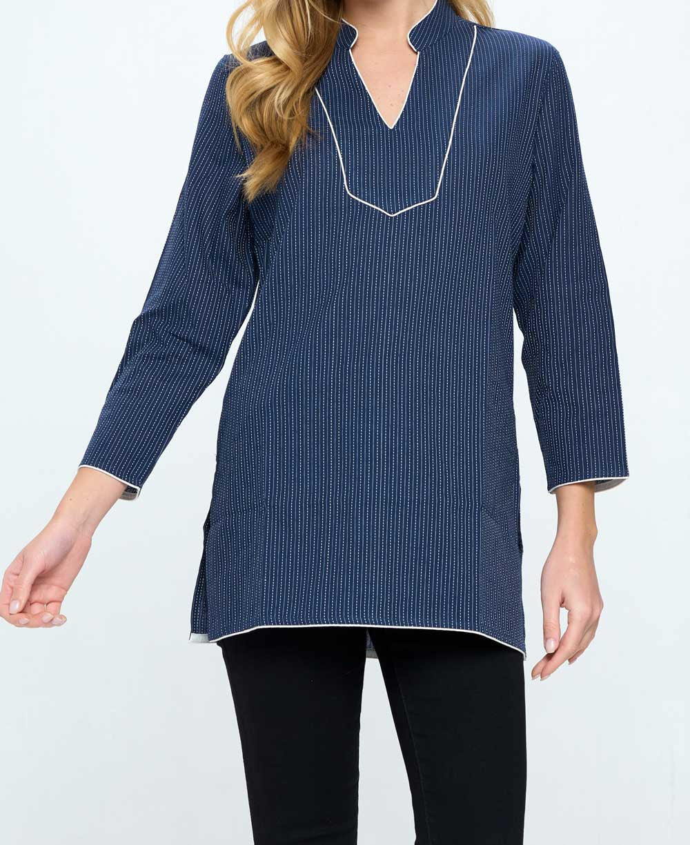 Kantha Stitch Blue Cotton Tunic Top - Shirts & Tops S