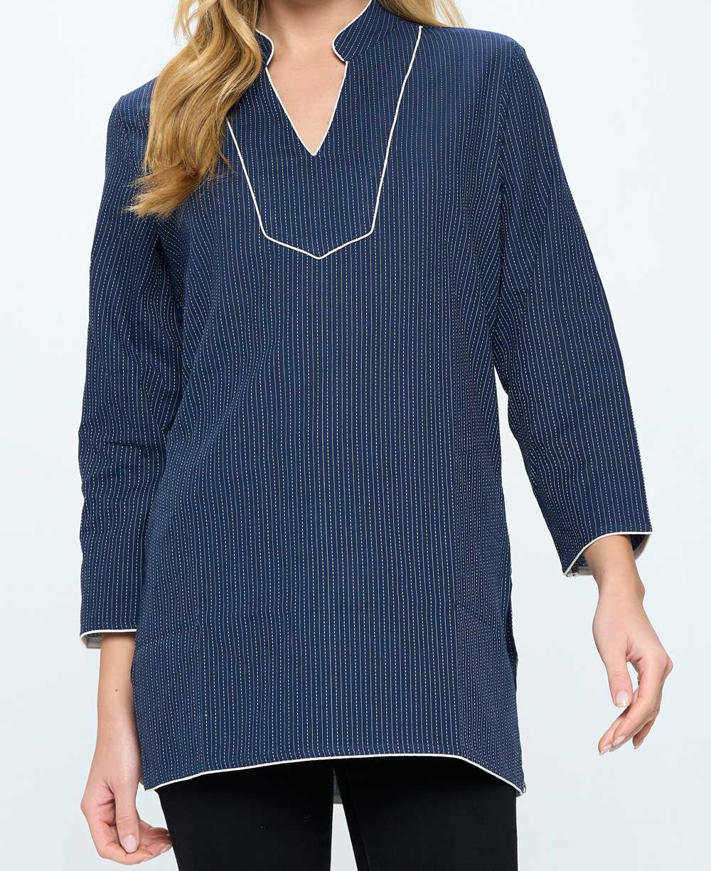 Kantha Stitch Blue Cotton Tunic Top - Shirts & Tops S