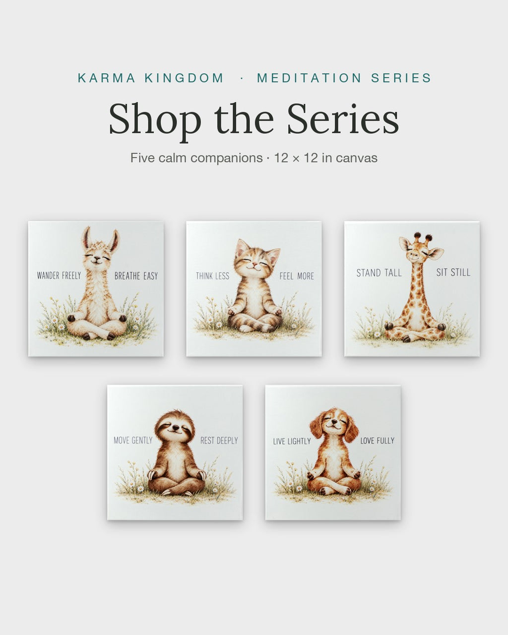 Karma Kingdom Meditation Series: five 12 inch canvases shown together, llama, cat, giraffe, sloth and puppy sitting in lotus pose, front view