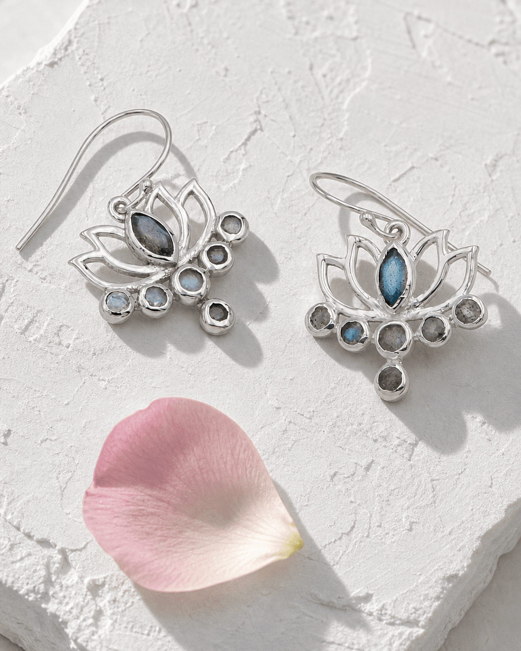 Labradorite and Sterling Silver Lotus Earrings - Earrings