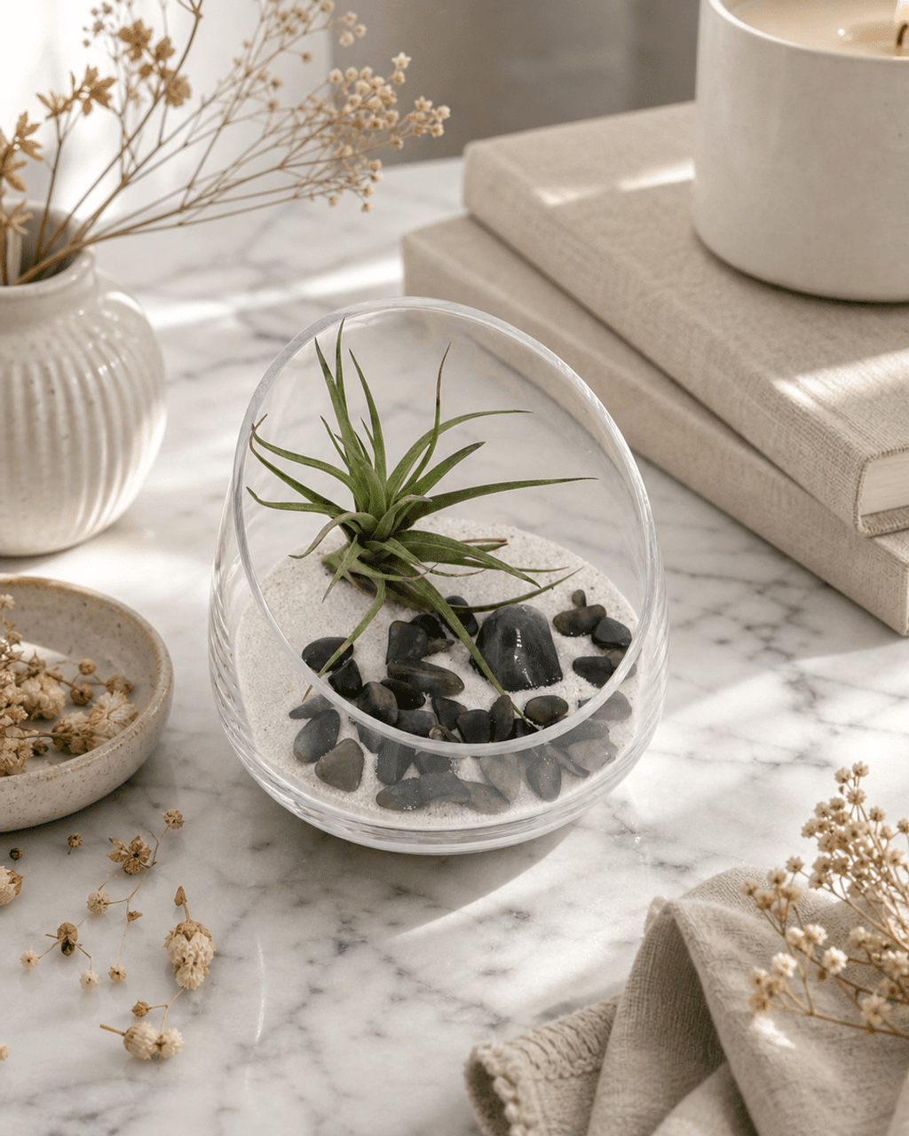 Labradorite Gemstone Terrarium – Air Plant Arrangement with Glass Bowl and Sand - Terrarium