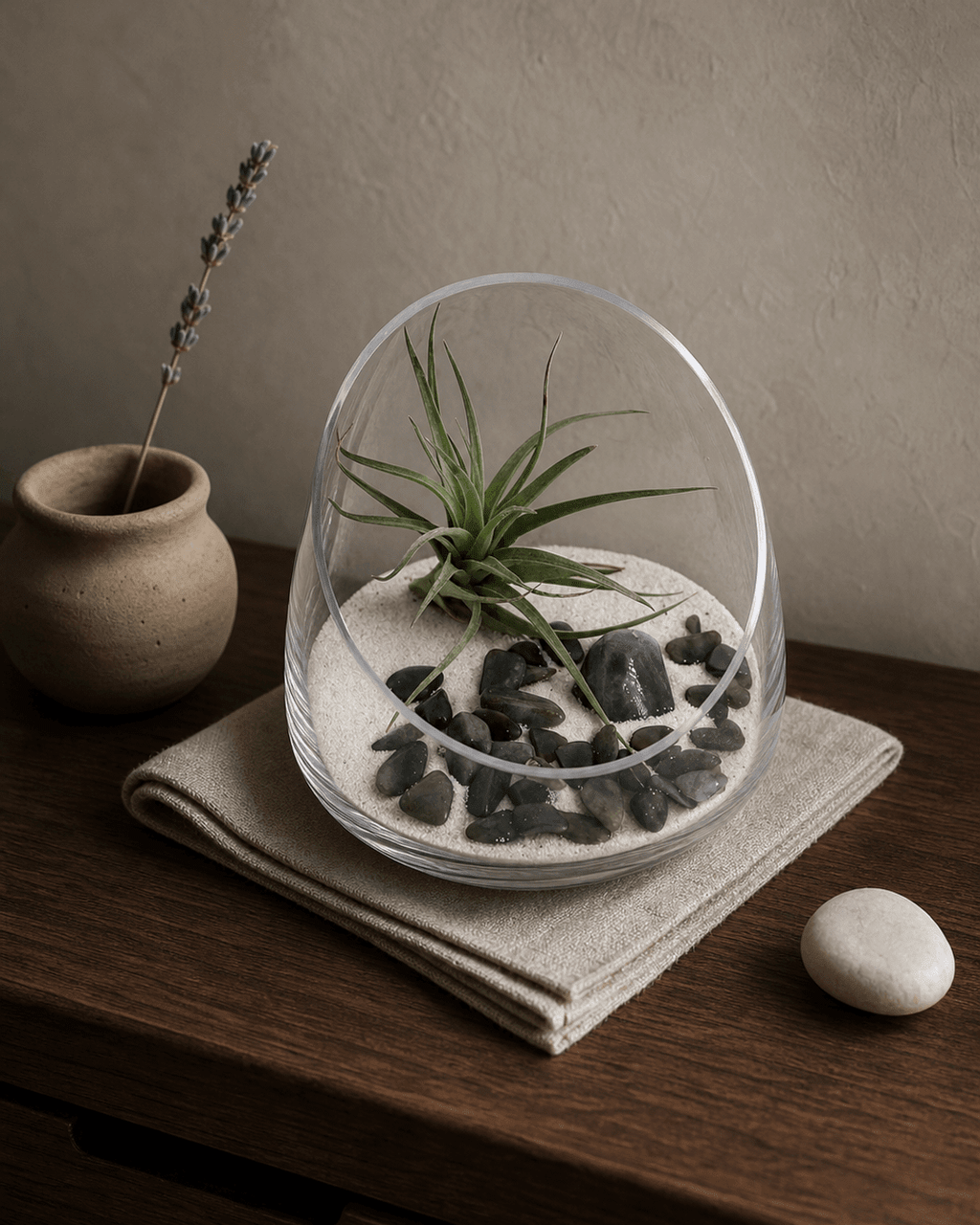 Labradorite Gemstone Terrarium – Air Plant Arrangement with Glass Bowl and Sand - Terrarium