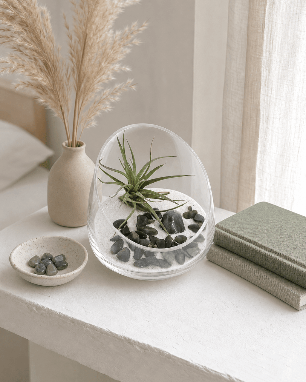 Labradorite Gemstone Terrarium – Air Plant Arrangement with Glass Bowl and Sand - Terrarium