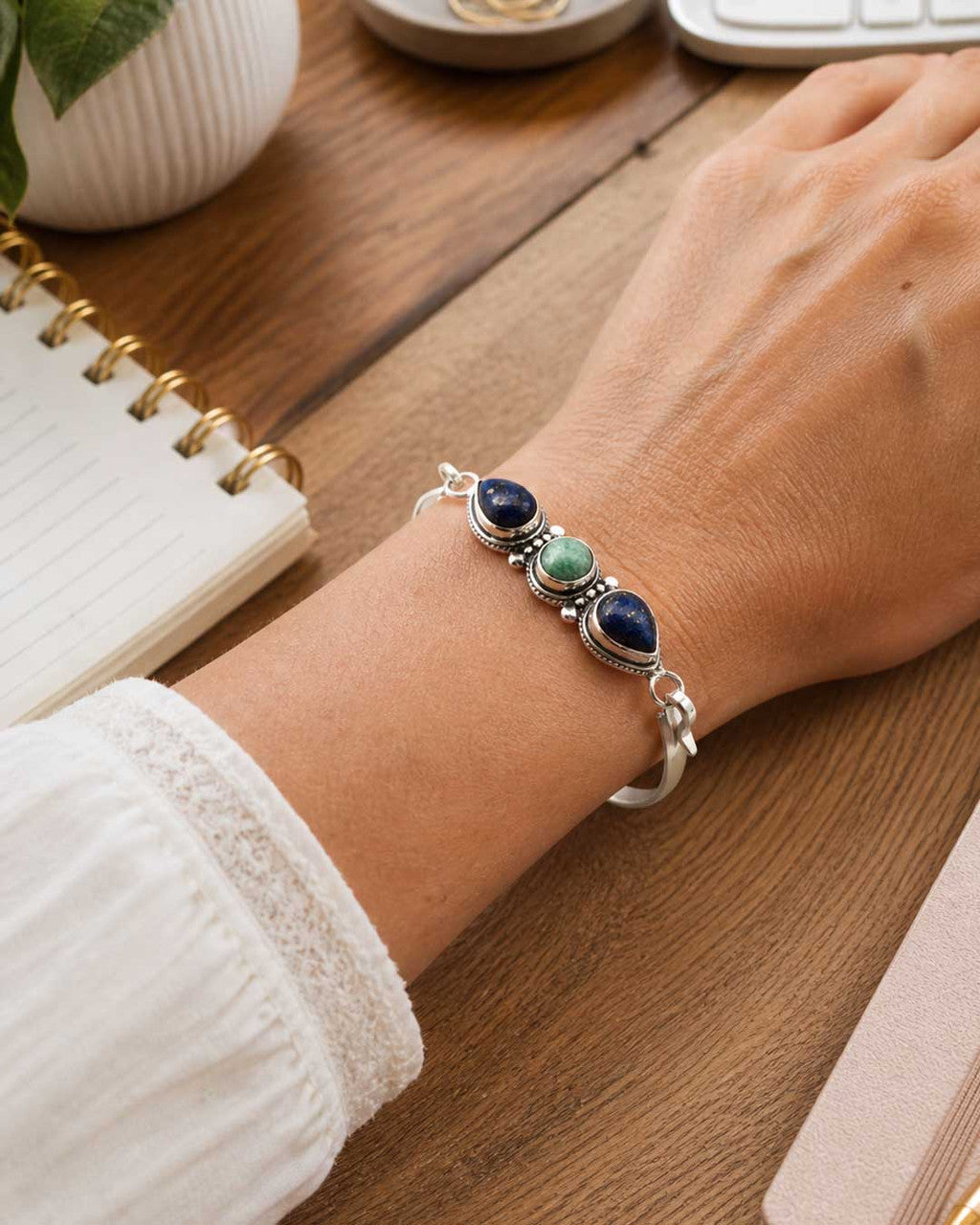 Lapis & Amazonite Three - Stone Cuff Bracelet — Guided by My Truth - Jewelry
