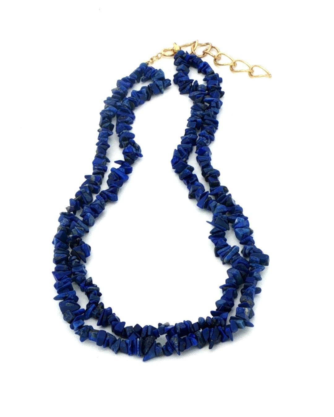 Lapis lazuli chip necklace, two strands laid flat on white with the gold tone clasp and extender at the top