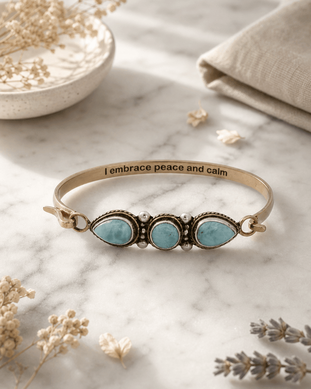 Larimar Gemstone Bracelet – Sterling & Bronze Cuff with "I Embrace Peace and Calm" Engraving - Bracelets