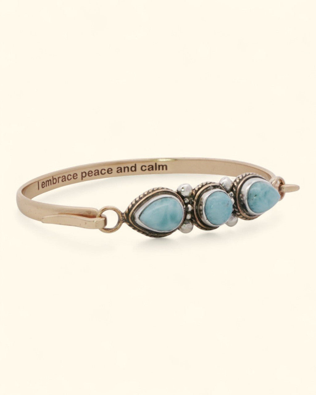 Larimar Gemstone Bracelet – Sterling & Bronze Cuff with "I Embrace Peace and Calm" Engraving - Bracelets