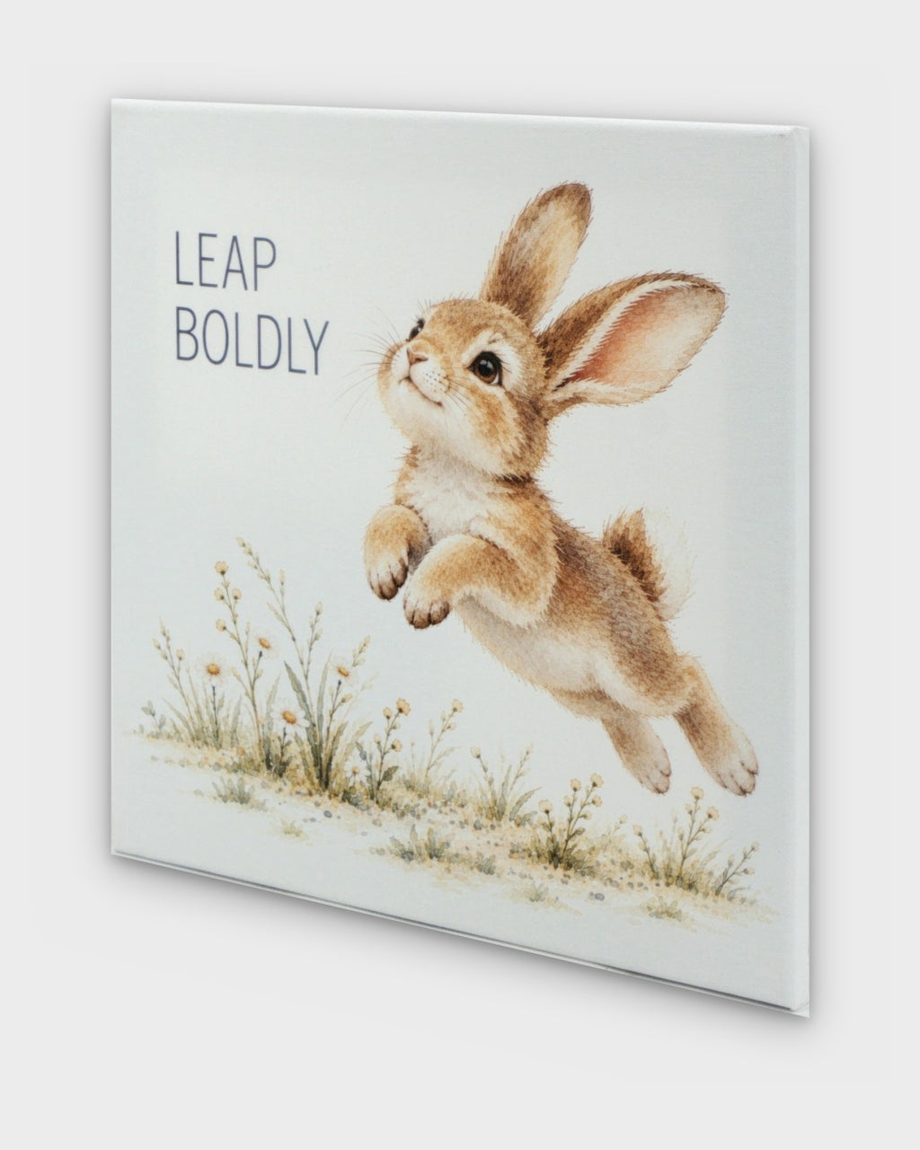 Leap Boldly watercolor bunny canvas wall art, angled side view showing canvas depth and wrapped edges